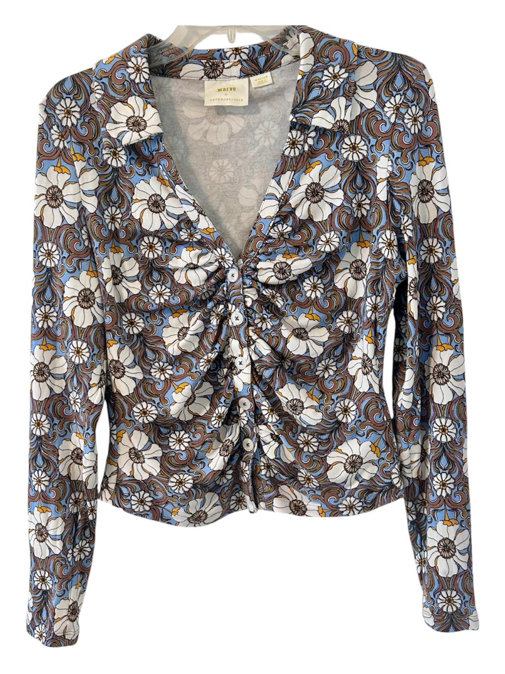Maeve Floral Ruched Button-Front Blouse in Blue and Brown